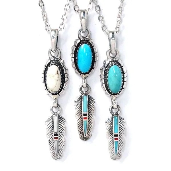 インディアンジュエリー ペンダント ネックレス 天然石 ターコイズ ハウライト フェザー 羽 メンズ シルバー925 濃いブルー/薄いブルー/ホワイト