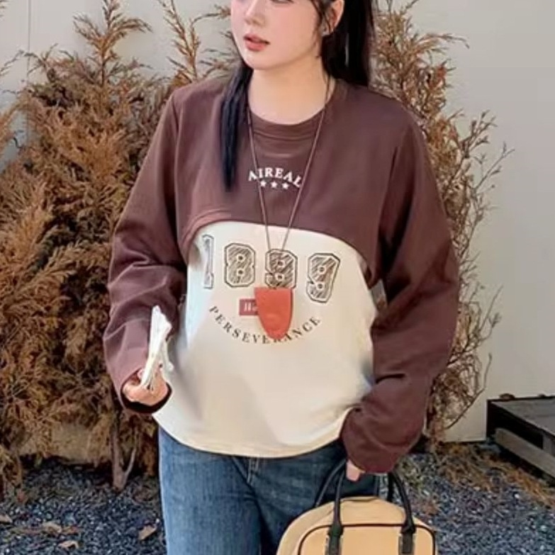 トップス カットソー Tシャツ 長袖 ラウンドネック プルオーバー ミディアム丈 重ね着風 可愛い かわいい 大人可愛い きれいめ シンプル 上品 レトロ おしゃれ かっこいい カジュアル こなれ感