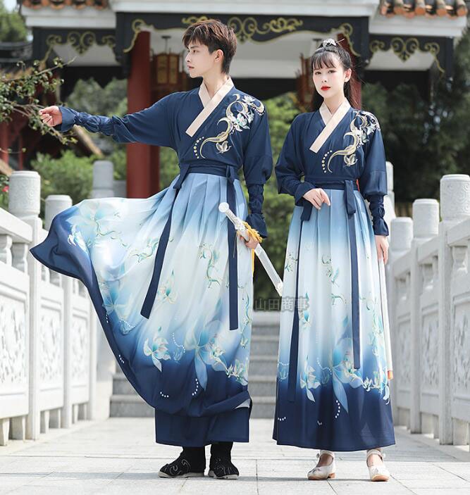チャイナ服 中華 コスプレ衣装 カップルペア メンズレディース 漢服 唐装 華流 コスチューム チャイナ風ハロウィン衣装 交差襟 長袖 トップス ロング巻きスカート 花刺繍 エスニック 漢唐 民族衣装