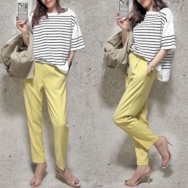 【 今季大注目のアップ】 欠かせない ナチュラル ボーダー スリット Ｔシャツ パンツ 無地 2点セット