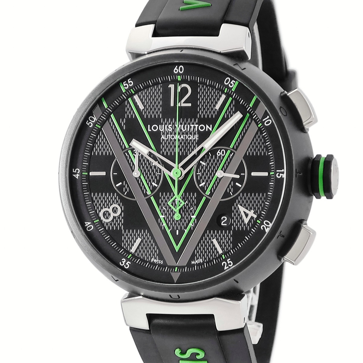 タンブール クロノグラフ ダミエ・グラフィット レース QA130Z 自動巻き メンズ ブラックPVD グリーン 3年保証