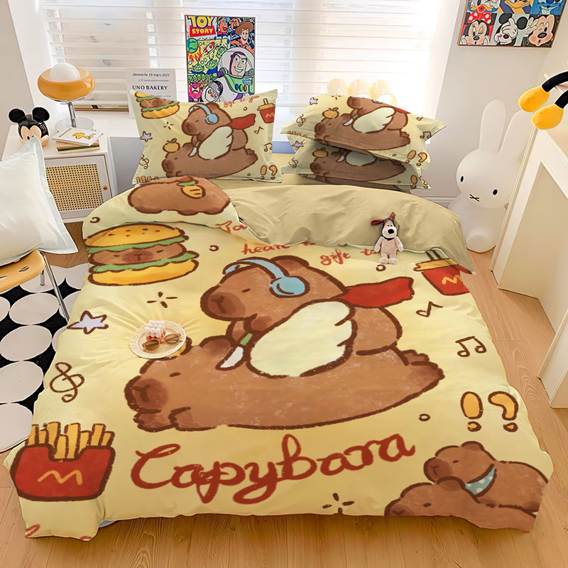 カピバラのカピバラのかわいい純綿の4セットの学生寮のシーツの3セットの子供の漫画の綿の布団カバー