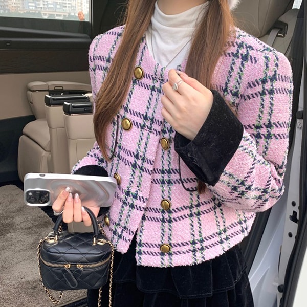 韓国ファッション 襟章 ツーボタン チェック ノーカラー ショート コート