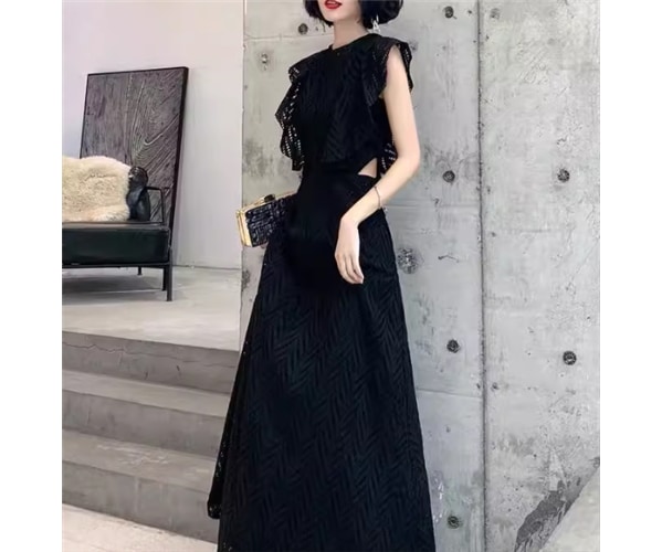 レディース ドレス イブニングドレス パーティードレス ロング マキシ 袖なし ノースリーブ ラウンドネック スリム 細身 フェミニン フリル 大人可愛い きれいめ シンプル 上品 おしゃれ