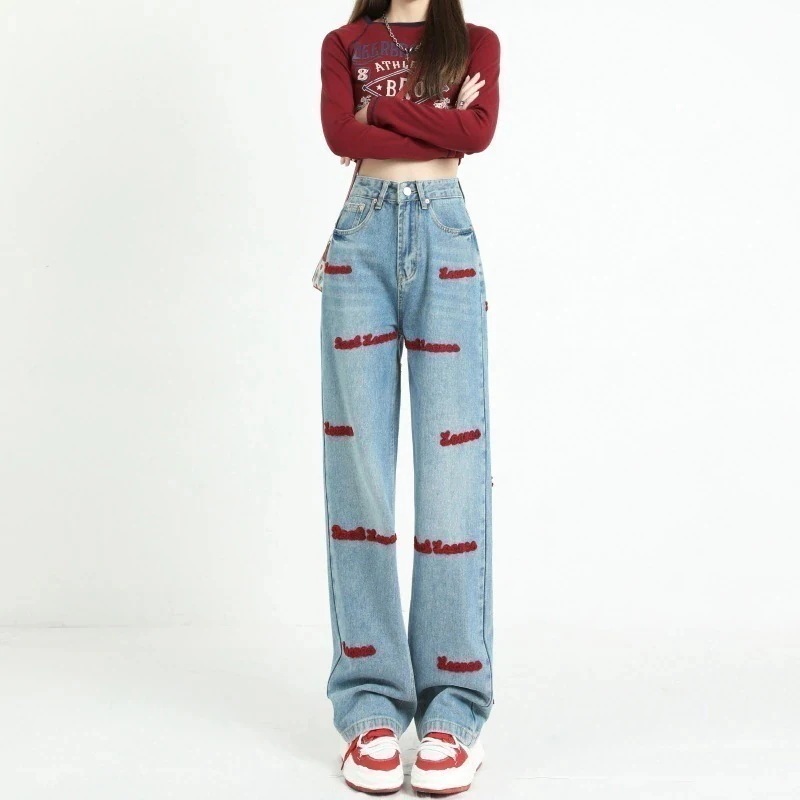 母の日 スラックスパンツ プラスサイズ 今も人気欧米トレンドワイドパンツハイウエスト刺繍ジーンズ24新入荷モッピングパンツ