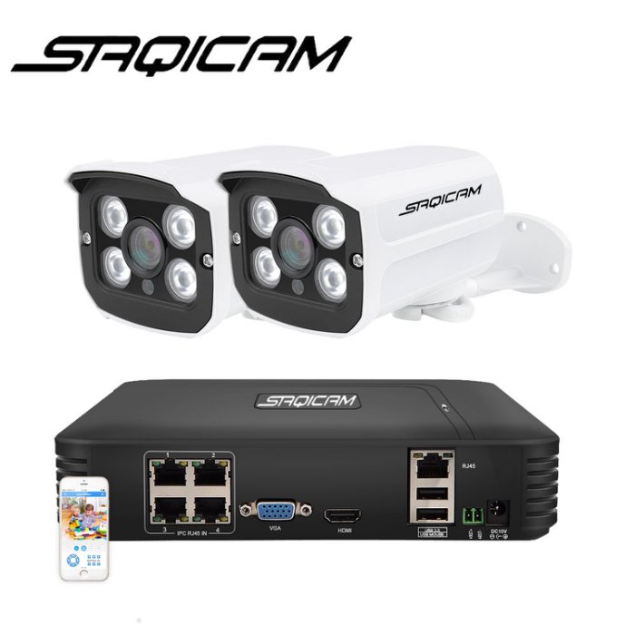 Saqicam 防犯カメラセット PoE給電 200万画素 高解像度 監視カメラ 4チャンネルNVR 1080Pカメラ2台 レコーターセット ペット ベビー 監視 広角 IP66防水 夜間 暗視