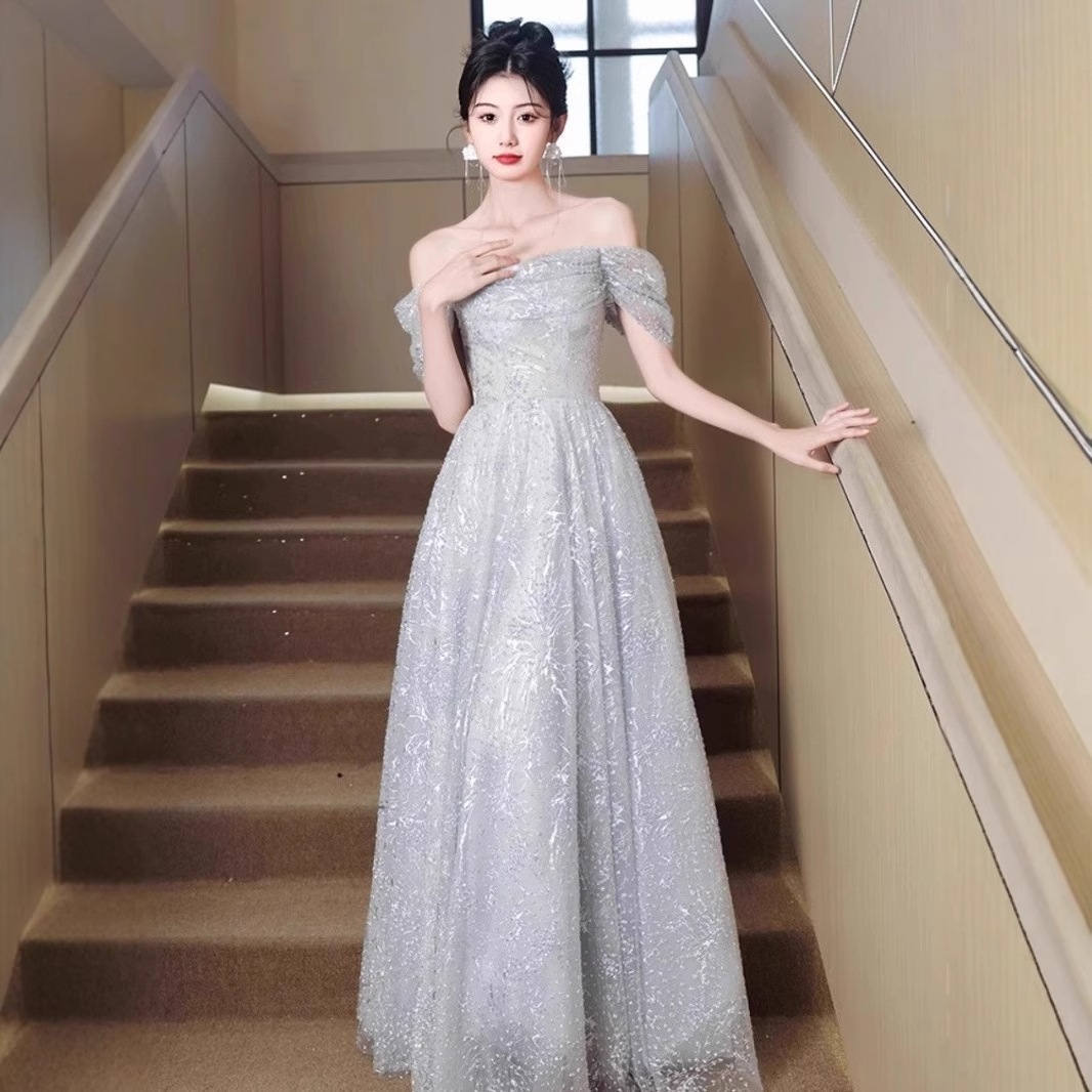 【送.料.無.料.急速発送】デコルテシルバーグレーの活スカートドレス 演奏会 ウェディング 発表会 成人式 二次会 お呼ばれ