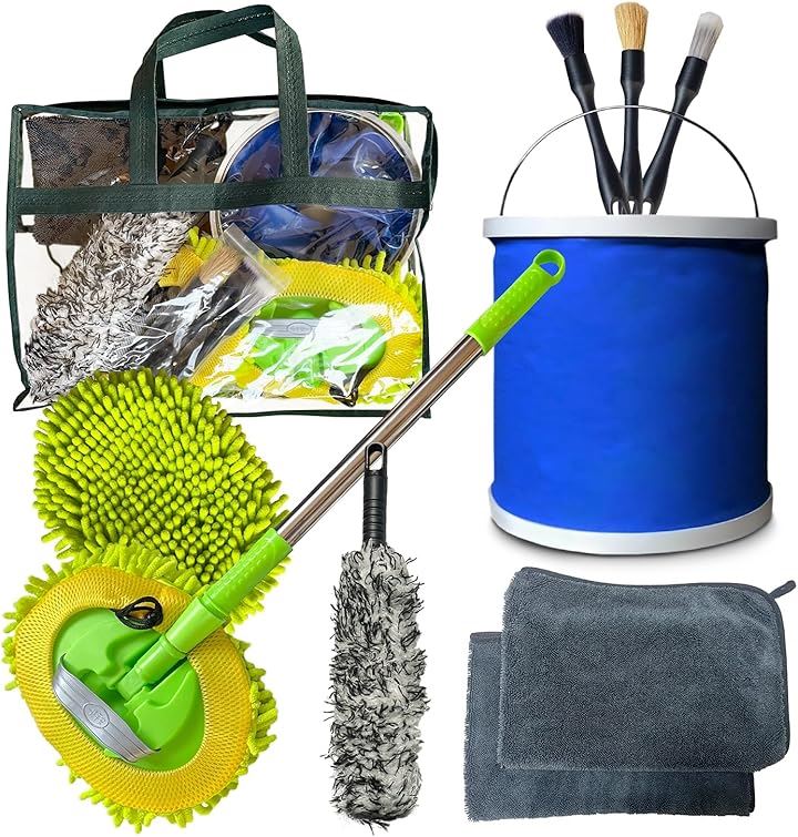 洗車セット タオル 拭き上げ用ブラシ ホイール用 筆セット 伸縮洗車モップ バケツ 収納バッグ 計１０点 5,191円
