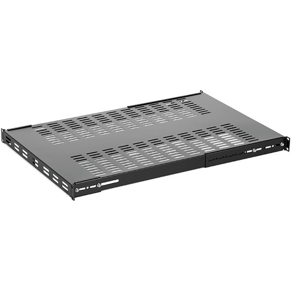 ADJSHELFHDV ブラック 1U 伸縮式放熱用スリット付きサーバーラック棚板 ヘビーデューティ固定式ラック収納棚 耐荷重113kg 奥行き500-960mm メーカー直送