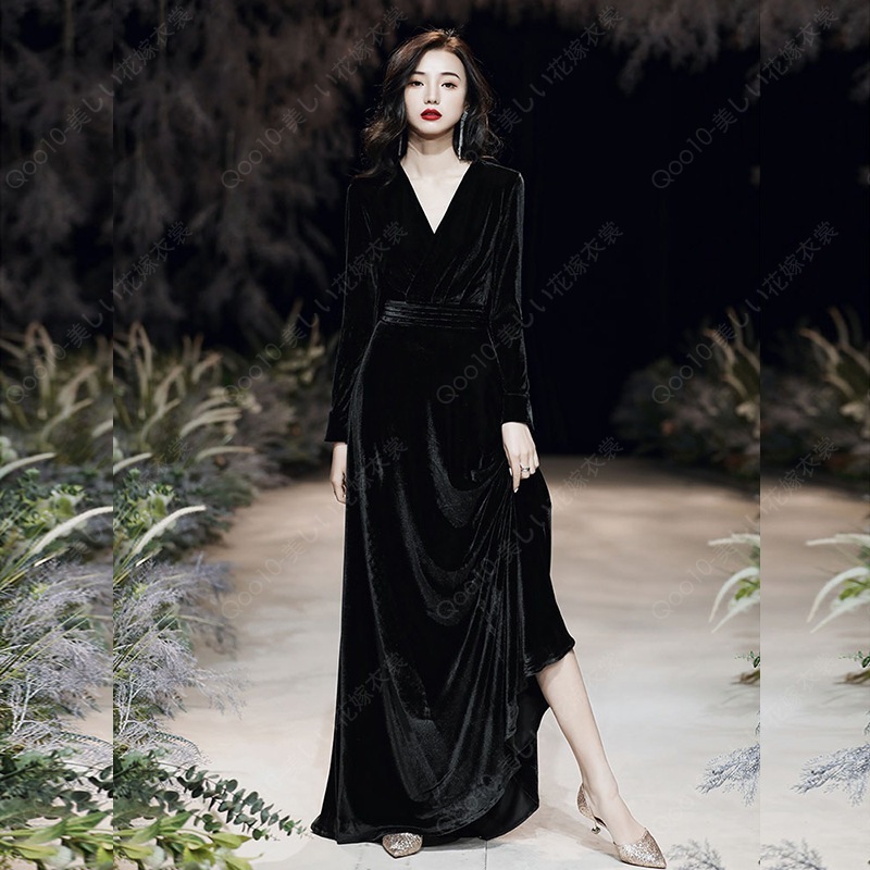 ロングドレス 演奏会 黒 袖付き ベルベット 長袖 大人 ピアノ 発表会 母親 結婚式 韓国風 ロング 小さいサイズ 大きいサイズ 4L 体型カバー 花嫁 合唱団 オ-94