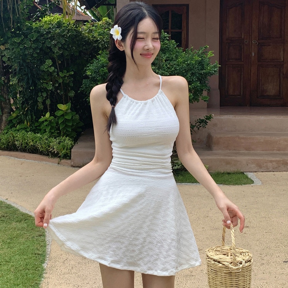 替换ホワイト ホルターネック セパレート スカートタイプ バックオープン ビキニ 水着 女性 ウエストシェイプ スタイルアップ 気質 高級 水着8011646