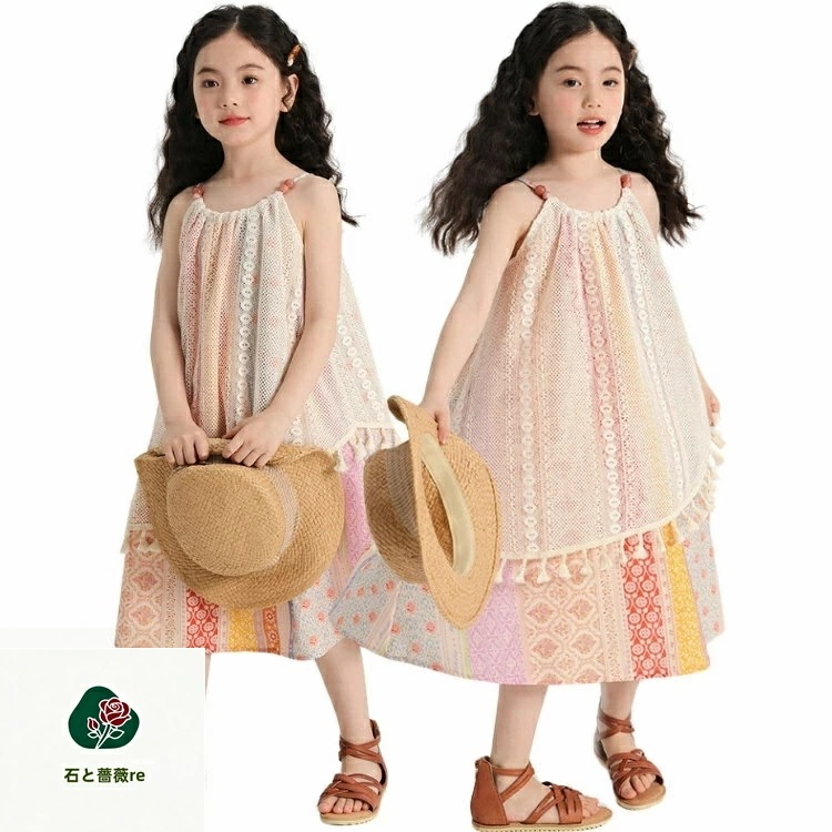 厳選素材エスニック柄 ワンピース 女の子 キッズ 花柄 カラフル 旅行 リゾート風 ワンピース 可愛い カジュアル ノースリーブ 女児 夏用 ゆったり 膝丈 バカンススタイル 海遊び おしゃれ 90