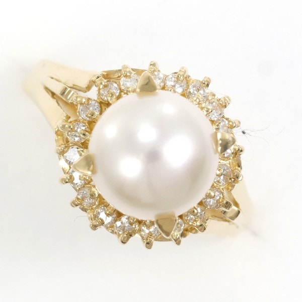 K18 18金 YG リング 11号 パール(真珠) 約8mm ダイヤ 0.20 ジュエリー 中古