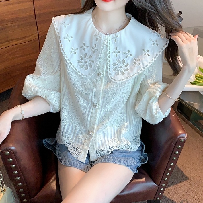 トップス レディース シャツ ブラウス S M L XL 2XL 韓国 襟付き 五分袖 ドールカラー ラージカラー パンチングレース ペプラム スカラップ ドールカラー レース かわいい 大人可愛い