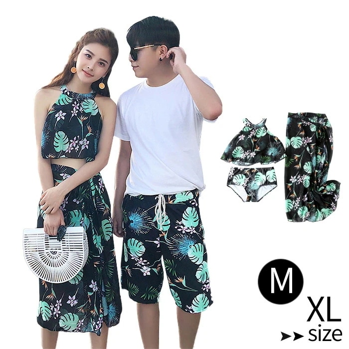 【7月の新作特典】ペアルック水着 レディース メンズ カップル水着 体型カバー水着 サーフパンツ 水着 ペア 4点セット 大きいサイズ ワイヤーなし ビキニ3点セット+ビーチパンツ　リゾート ロンパー