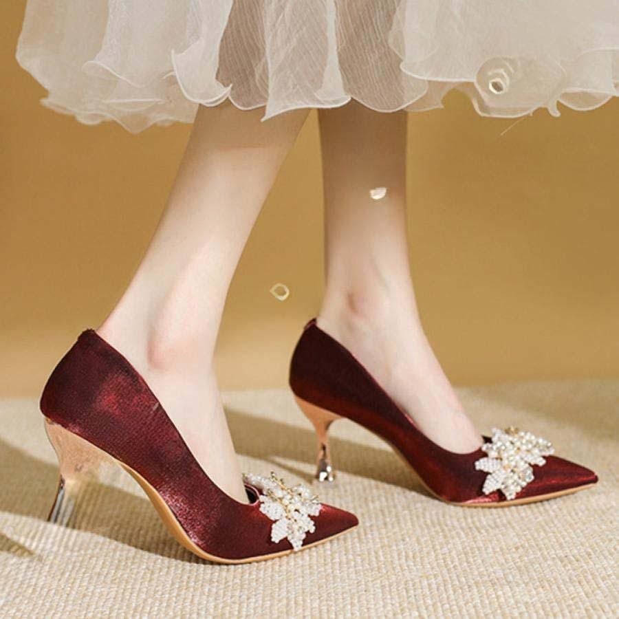 2025新品 数量限定 パンプス 痛くない 歩きやすい サテン ラインストーン 脱げない ピンヒール ポインテッドトゥ 5cm/7cmヒール ハイヒール レディース ベーシック 短納期