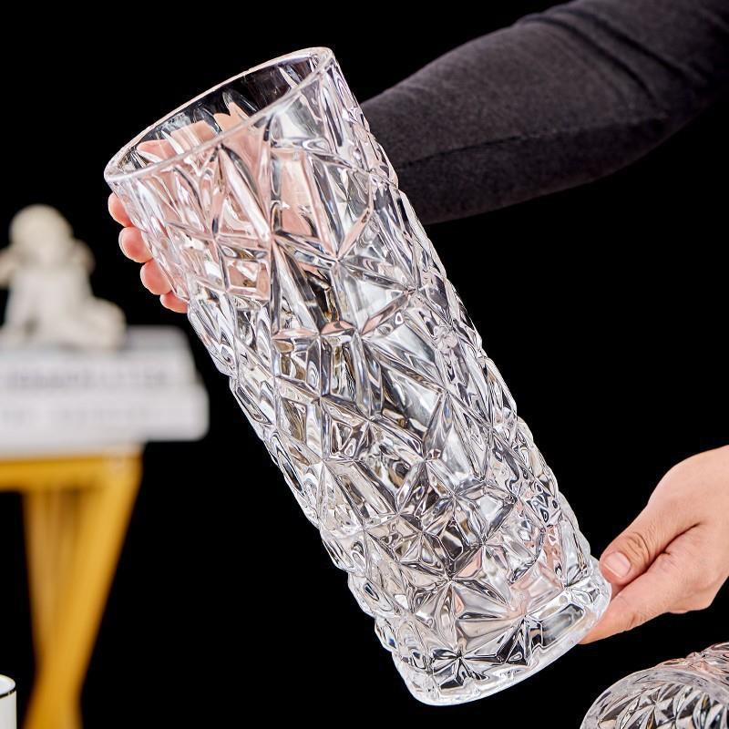 【20点セット】【送料無料】シンプルな氷模様のガラス花瓶透明で厚みのあるアイデア大サイズのリビングにユリの富貴竹を挿した花の食卓飾り