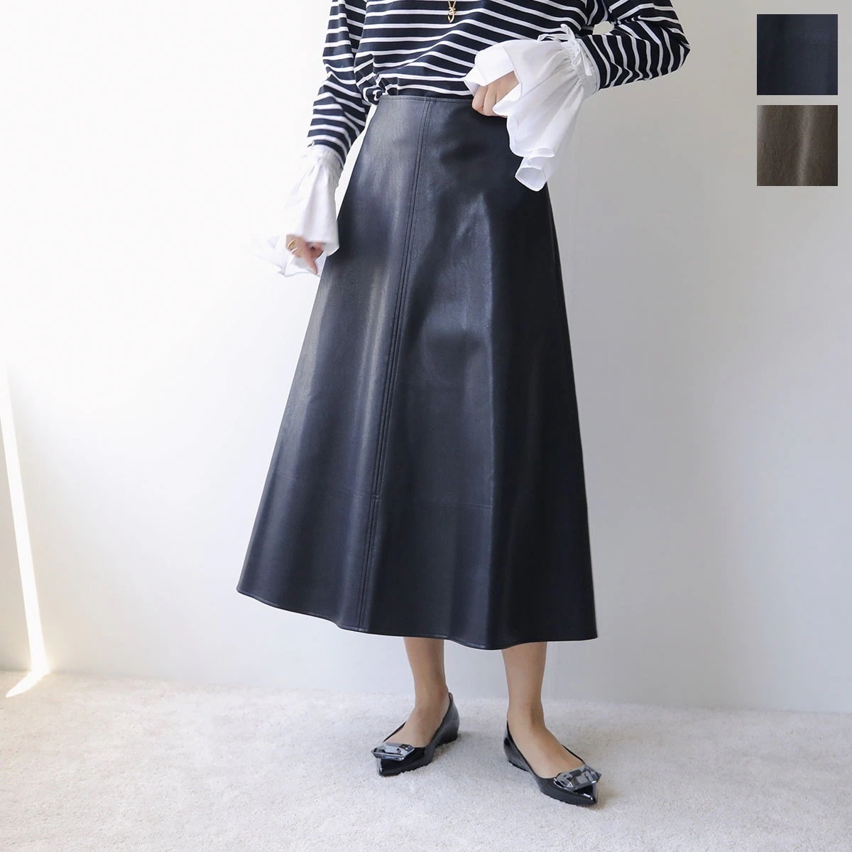 anana アナナ スカート a89-018 レディース エコレザー フレア ミディ丈 ミモレ丈 カラー2色