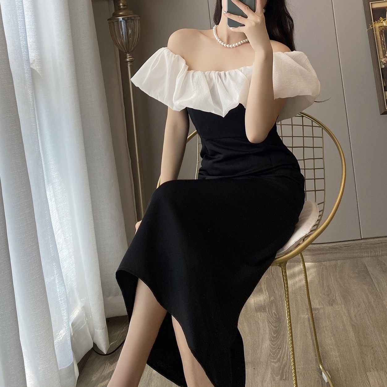 ドレス パーティー 二次会 演奏会 発表会 ステージ 衣装 膝下 ミモレ オフショル スレンダー タイト カクテル イブニング 切り替えデザイン 可愛い きれいめ シンプル 大人可愛い 上品 おしゃれ
