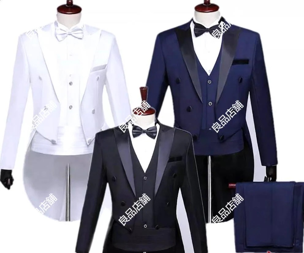 リピーター続出タキシードスーツ メンズ ハイエンド ネイビー 燕尾服スーツ 5点セット「ジャケット+ベスト+パンツ+蝶ネクタイ+カマーベルト」 二次会 ピアノ 花婿の介添え通勤 卒業式 舞台ステージ衣