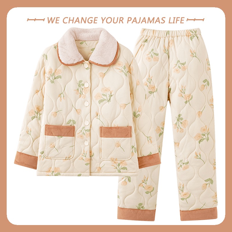 秋と冬の綿のパジャマ女性日新しい綿の長袖三層綿ジャケットレジャーホームウェア