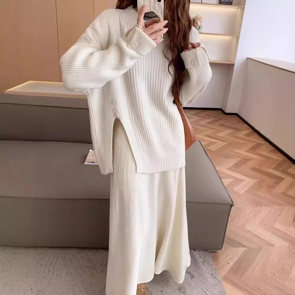 怠惰なセーターのスーツスカート女性秋冬ゆるい丸首オープンニット上着半身スカートファッション2点セット
