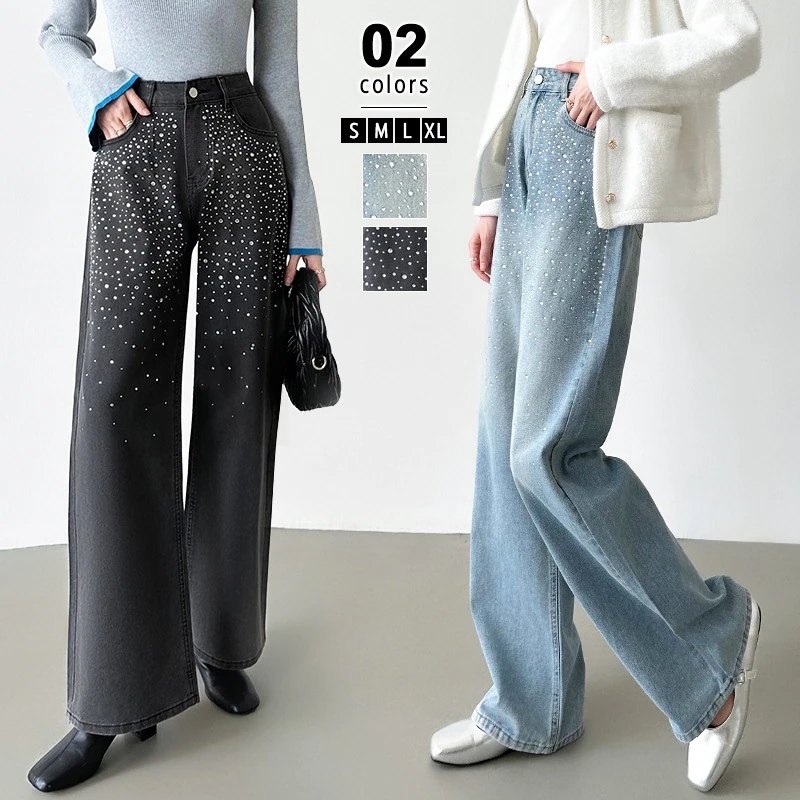 【迅速な出荷】デニムパンツ ラインストーン デニム パンツ キラキラ ワイドパンツ レディース ビジュー 付き ストレードデニム ワイドデニム ゆったり ワイド ハ