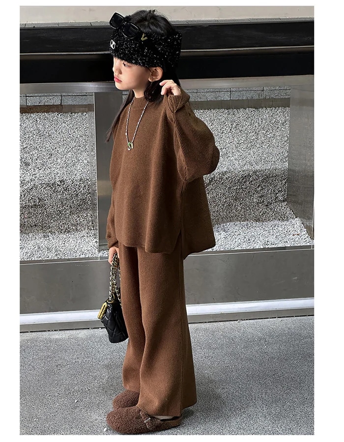 子供服 女の子 セットアップ カジュアル ニット 2点セット キッズ 長袖セーター+長ズボン ニット 上下セット ファッション 通学着 パンツセット ブラウン 旅行 お出かけ ガールズ 上下 春服 秋