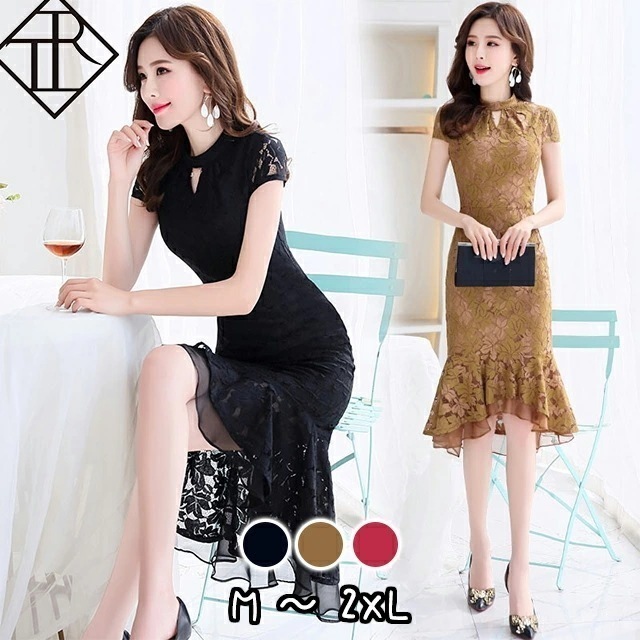 ２点で13o円OFF！【即納】パーティードレス 結婚式 ドレス ワンピース レディース 二次会 お呼ばれ パーティー 大きいサイズ ミディアム 半袖 総レース 花柄 フィッシュテール フォーマル エレ 13,455円