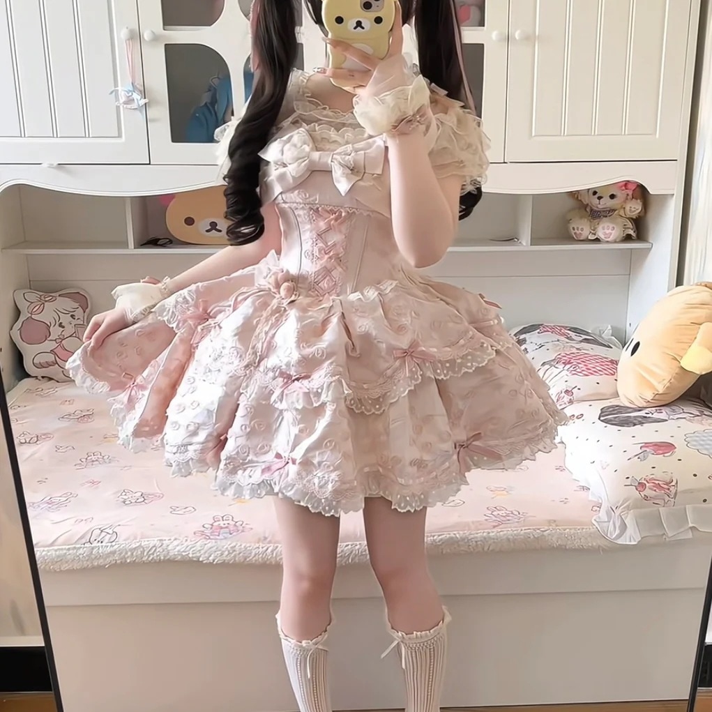 Lolita繁花序曲ピンク短いバレエjskスカートロリータdoプリンセススカート