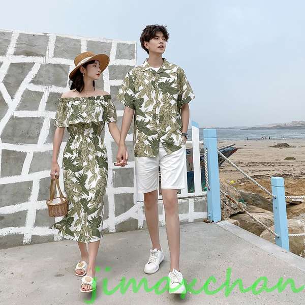 ペアルック カップル ペアお揃い ポへミア ワンピース グリーン ペアtシャツ オフショルダー 花柄 海遊び カップル 半袖 韓国風 夏 ビーチウエア パンツセット 上下セット