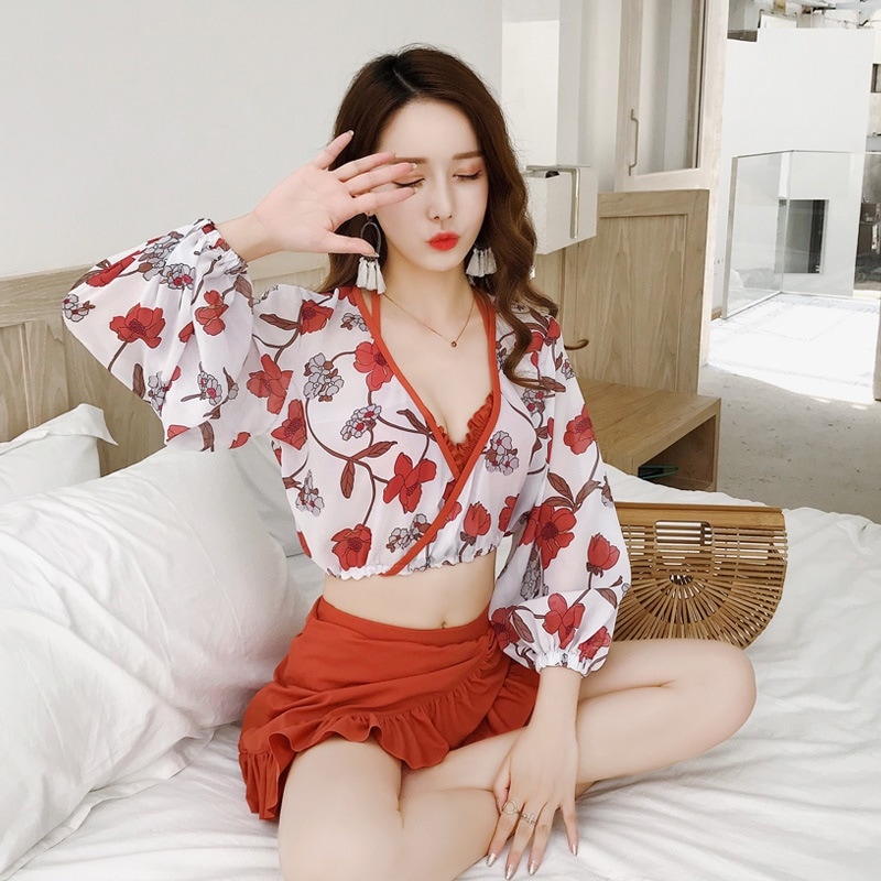 レディース ブラウス 白ブラウス 大人花柄３点セット ビキニ スカート 大きいサイズ タイトスカート タイト