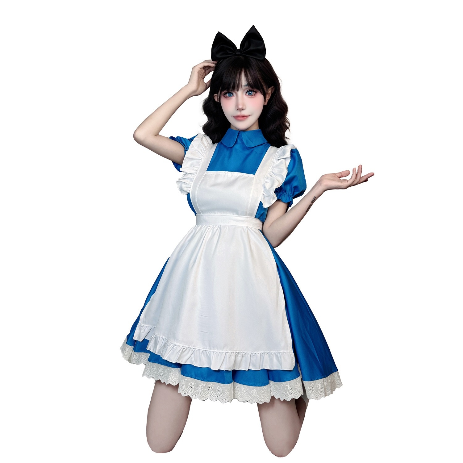 アリスプリンセスブルードレスメイドコスチュームメイドショーハロウィンコスチューム田園風ロリータ