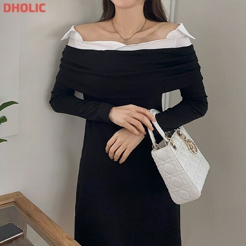 [メガ割りSALE]シャツレイヤード風オフショルラップミニワンピース