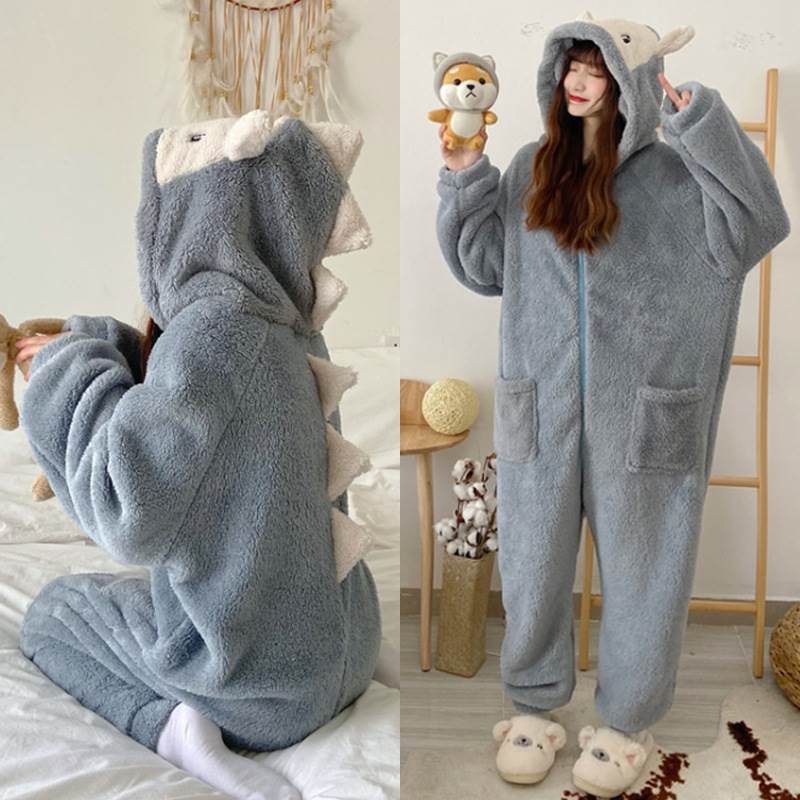 ワンピース レディース 着ぐるみ ルームウェア パジャマ ズボン 部屋着 ロング丈 長袖 ポケット 前開き 裏起毛 かわいい カジュアル ラブリー キュート ルーズ 主役級 存在感 大人可愛い 韓国