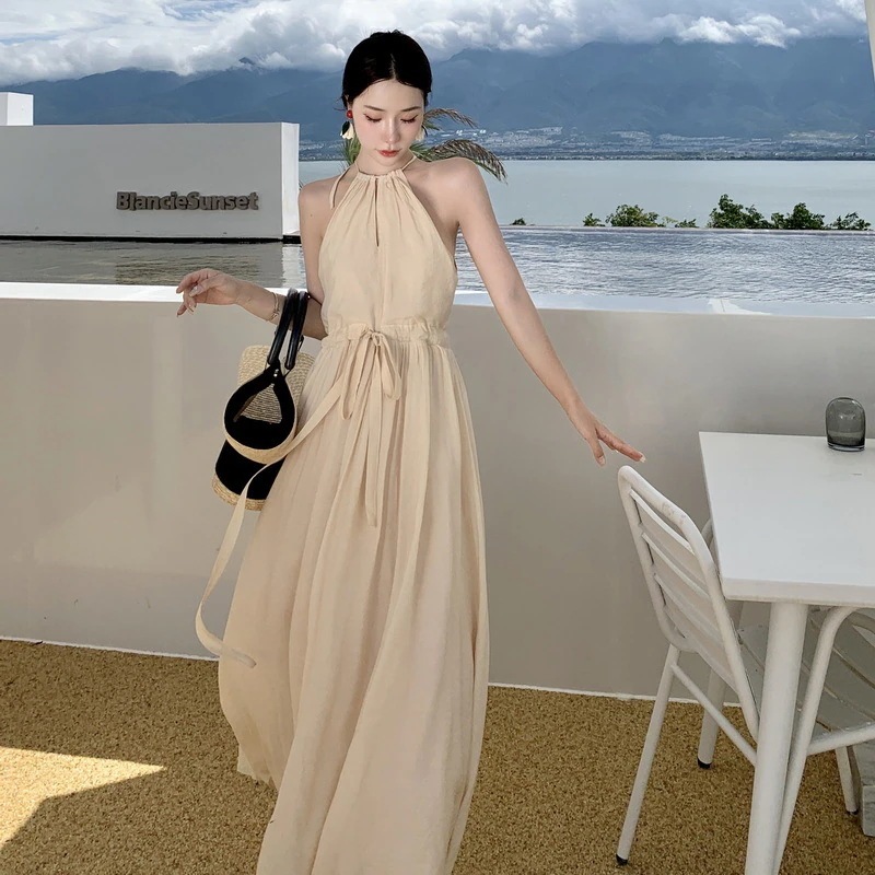 レディース リゾートワンピース 首をかけます ワンヒース ウエスト引き締め 薄手 高級感 気質 パーティードレス ロングワンピース レディースファッション
