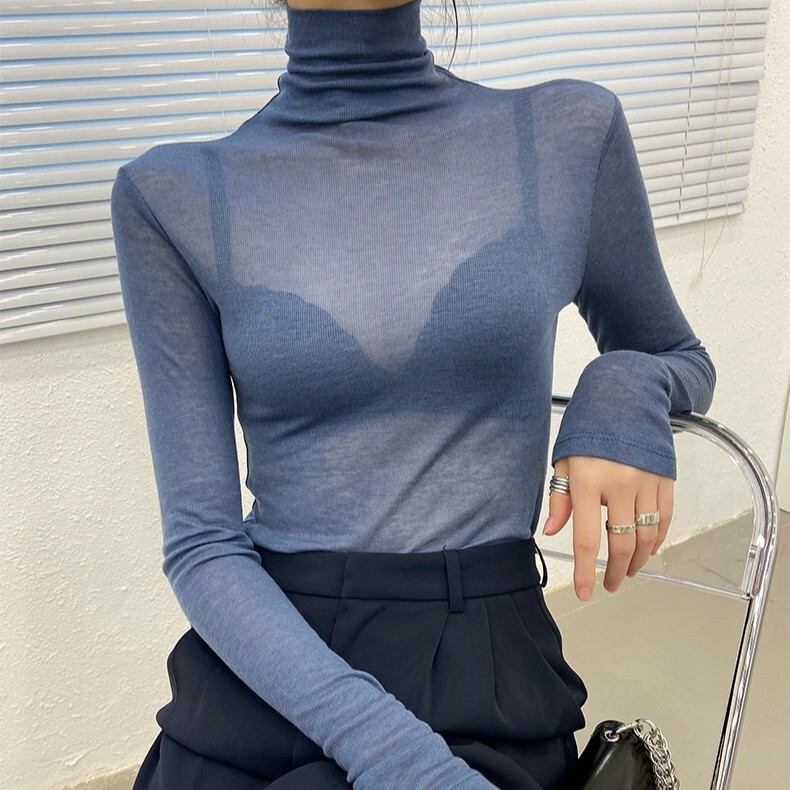 トップス カットソー 長袖 ハイネック タートルネック ストレート Iライン スマート 透け感 シースルー 薄手 大人可愛い きれいめ シンプル カジュアル 大人 上品 おしゃれ お洒落 エキゾチック