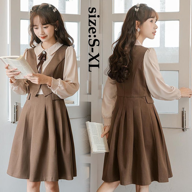 レディース ワンピース お洒落 学院風 膝丈ワンピース オシャレ シャツワンピース 偽ベスト ワンピース 着痩せ 長袖 20代 30代 10代 きれいめ 学生 キャンパス 人気 パーティー 成人式 演