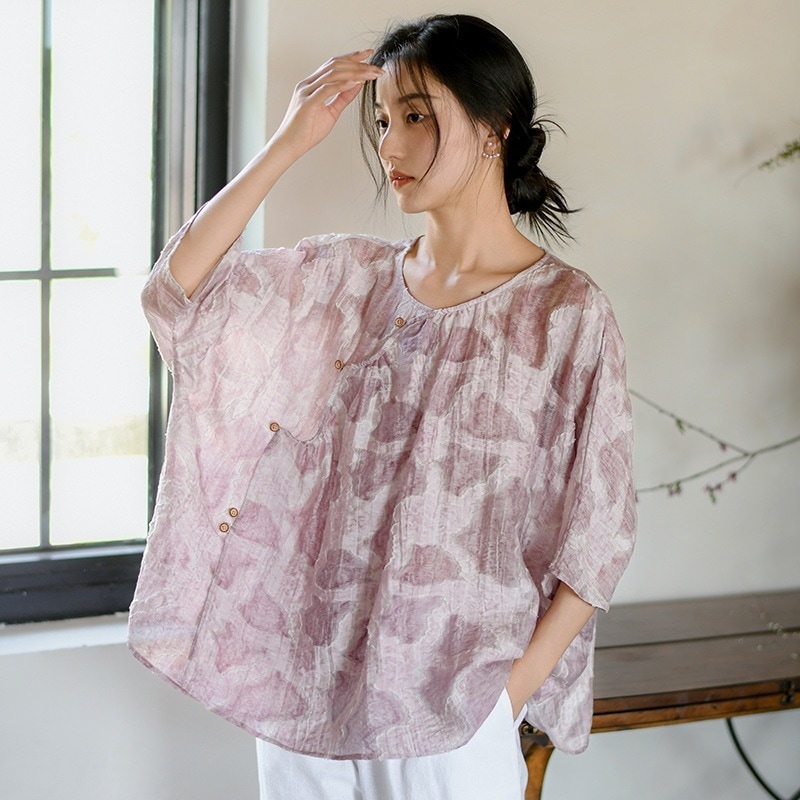 新しい中国風の女性の夏の新しい薄いプリントレトロトップス女性のための緩い痩身中国風の t シャツ