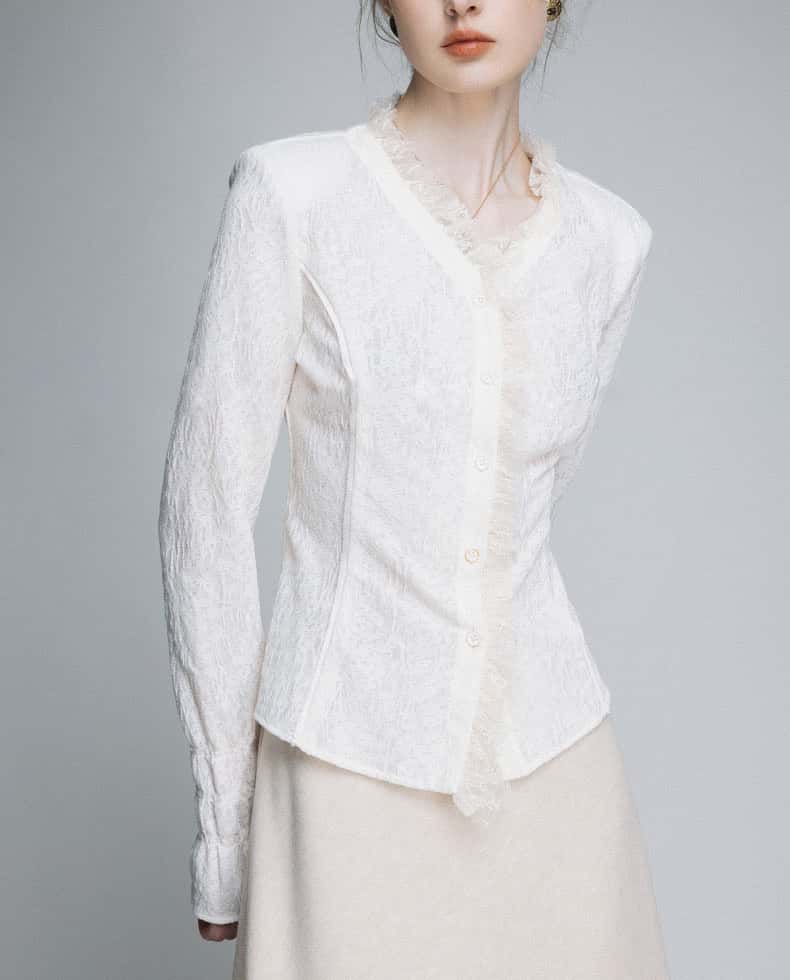 【2024新作】高級フランス製レース ブラウス 長袖 Vネック フリル袖 上品デザイン 春 秋 オフィス カジュアル フォーマル シンプル エレガント 透け感 カバーアップ ブラック ホワイト S/M