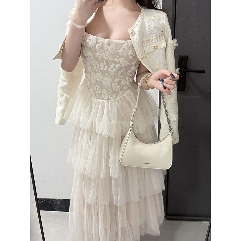 フレンチスタイルのエレガントな女性用ツーピーススーツ春と秋シャネル風のショートジャケットスリムフィットのサスペンダードレス