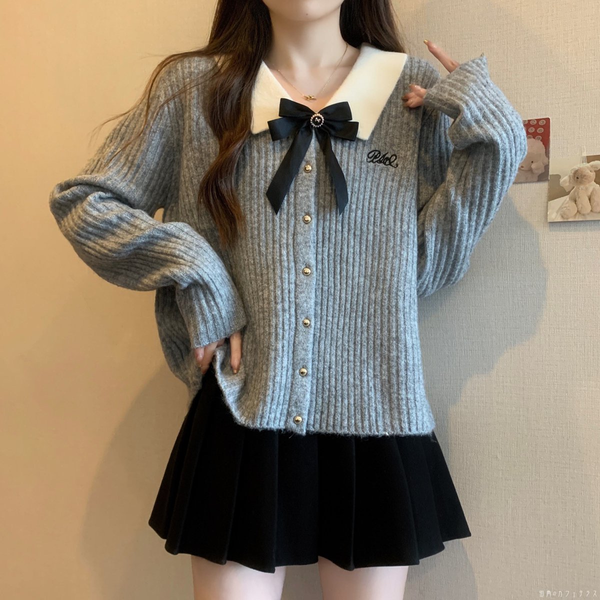 レディース トップス ニット カラー切り替え キュート 体型カバー リボン 大人かわいい レトロ フェミニン こなれ感 シンプル カジュアル きれいめ 長袖 グレー 20代 30代 40代 通勤 通学