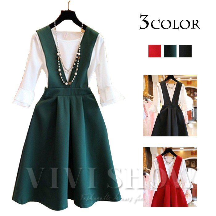 ワンピース シフォントップス２点セットアップレディース春夏秋 膝丈ワンピース シフォンップス 五分袖