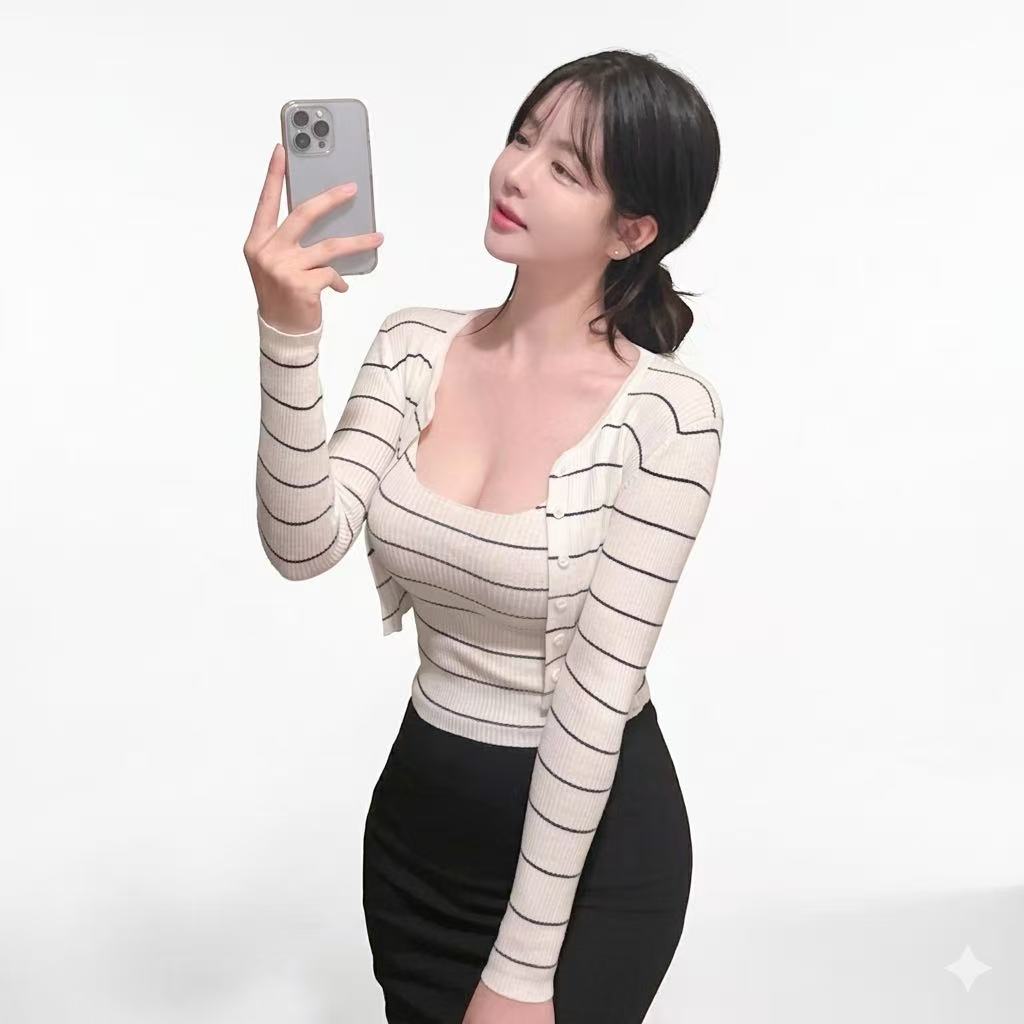 韓国ファッション ストライプ セットアップ レディース タンクトップ＋長袖カーディガン 2点セット 細見え 着痩せ カジュアル
