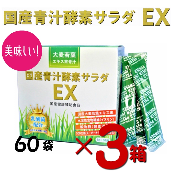 3箱セット 国産青汁酵素サラダEX 60袋 約1か月分 SOD活性 国産大麦若葉 穀物麹 イヌリン 国産 日本製 食物繊維 酵素 飲みやすい 大麦若葉 無添加 無農薬