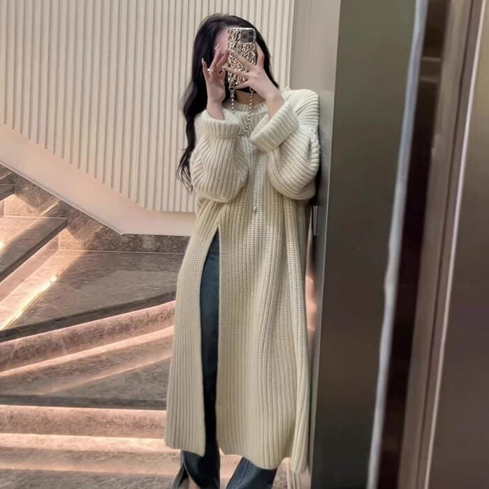 トップス ニット ワンピース チュニック ロングニット スリット レディース エレガント きれいめ カジュアル 長袖 ロング丈 大人 可愛い フェミニン レイヤード 重ね着 レッド 赤 ピンク ブラッ