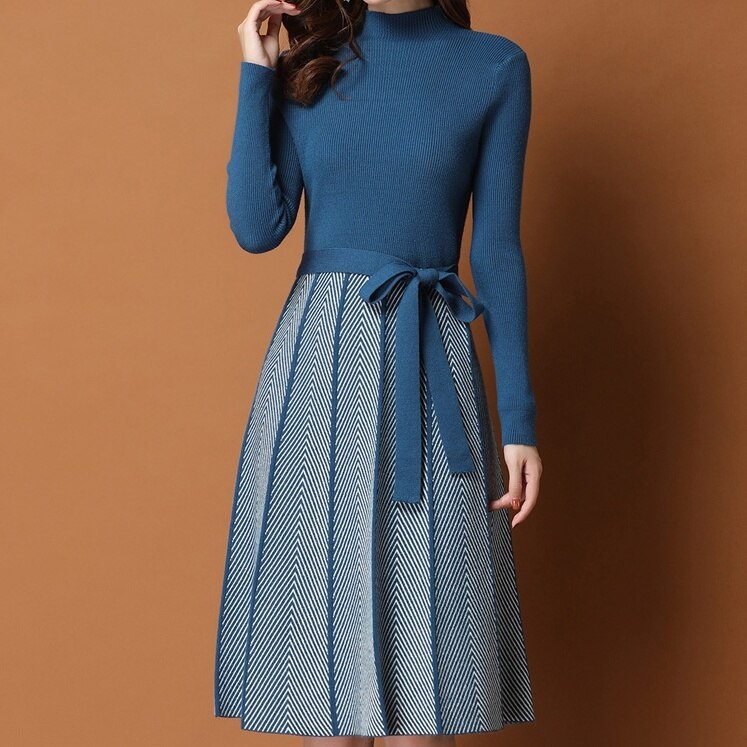 5color ワンピース ロング丈 ロングワンピース 膝丈 長袖 長そで ハイネック タートルネック