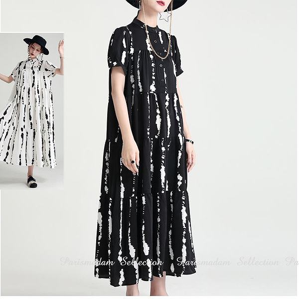 人気SALE プリントワンピース　ティアードスカート　切り替え　半袖　パフスリーブ　ほっそり効果大 20代30代40代50代60代　ミセス