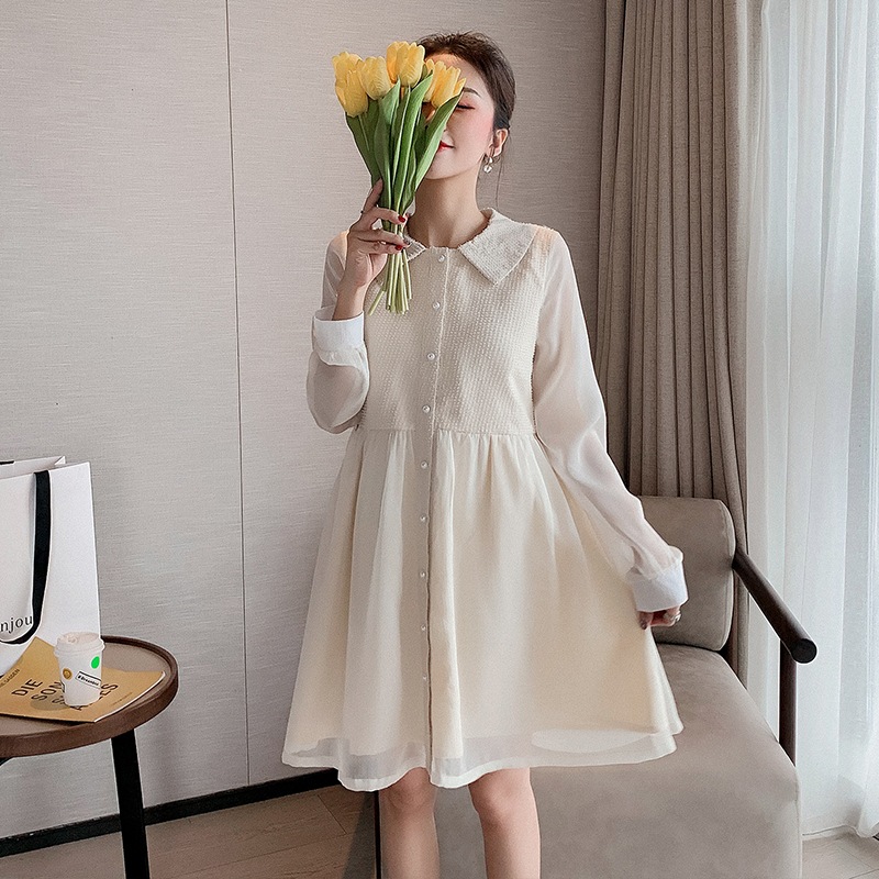 【送料無料】マタニティ ワンピース 膝丈 フレアワンピース パールボタン ガーリー レディース