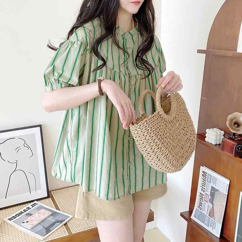 ストライプ シャツ トップス レディース ファッション 半袖 スタンドカラー ランタンスリーブ ベビードール フリーサイズ ラウンドネック おしゃれ キュート
